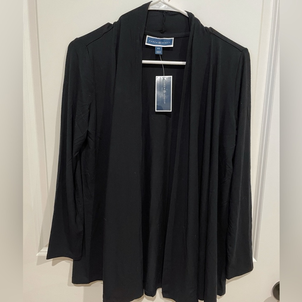NWT Karen Scott Petite Small Open‎ Waterfall Cardigan Black Basic Layer Dressy